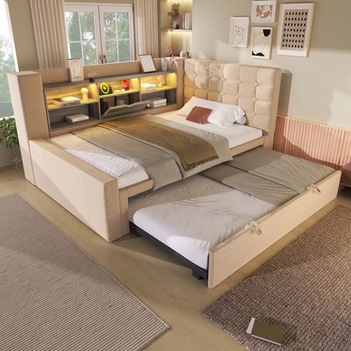 Lit Enfant Gigogne 90x190/200 Cm Extensible 180x200 Cm Avec LED, Ports USB/type-c, Lin Beige