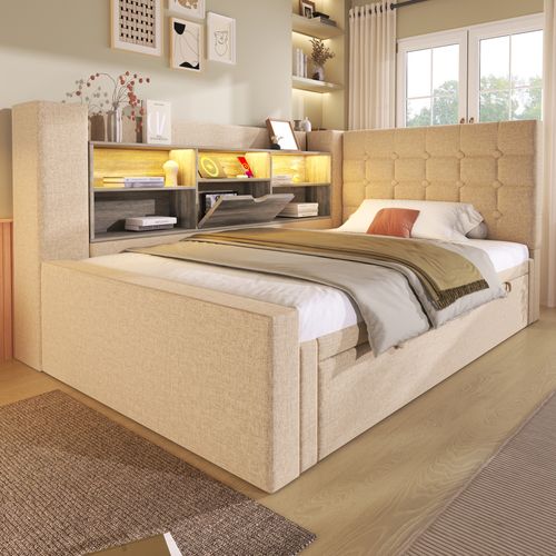 Lit Enfant Gigogne 90x190/200 Cm Extensible 180x200 Cm Avec LED, Ports USB/type-c, Lin Beige