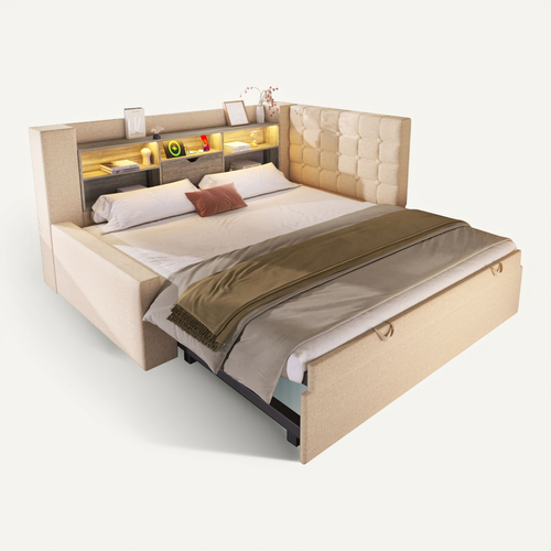 Lit Enfant Gigogne 90x190/200 Cm Extensible 180x200 Cm Avec LED, Ports USB/type-c, Lin Beige