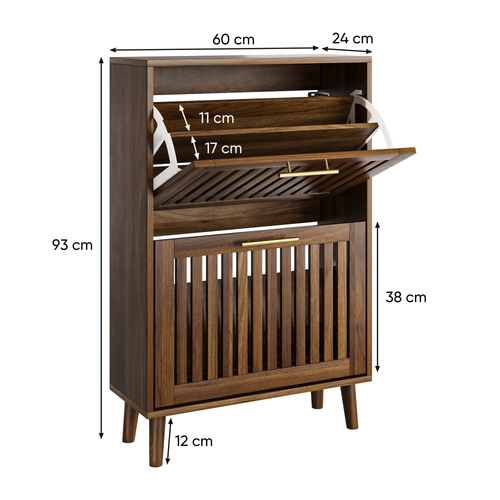 Meuble à Chaussures 60 Cm Coloris Bois Noyer Avec 2 Abattants Et Étagères, Rangement Entrée