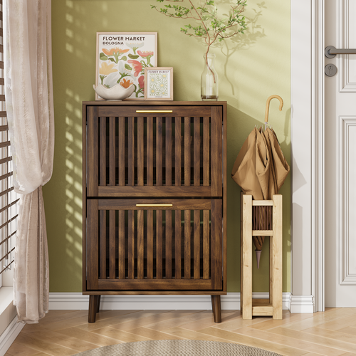 Meuble à Chaussures 60 Cm Coloris Bois Noyer Avec 2 Abattants Et Étagères, Rangement Entrée