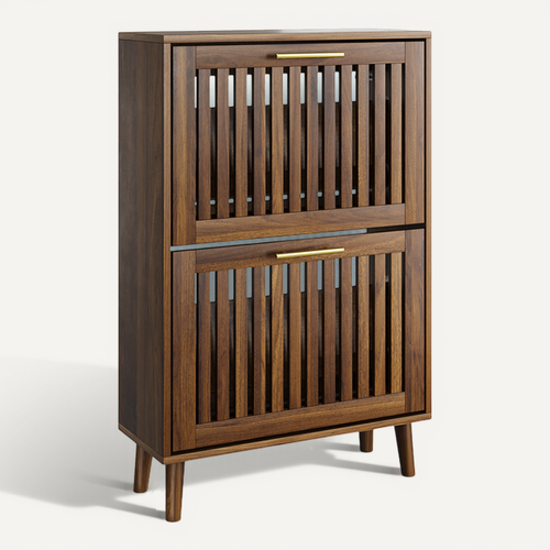Meuble à Chaussures 60 Cm Coloris Bois Noyer Avec 2 Abattants Et Étagères, Rangement Entrée