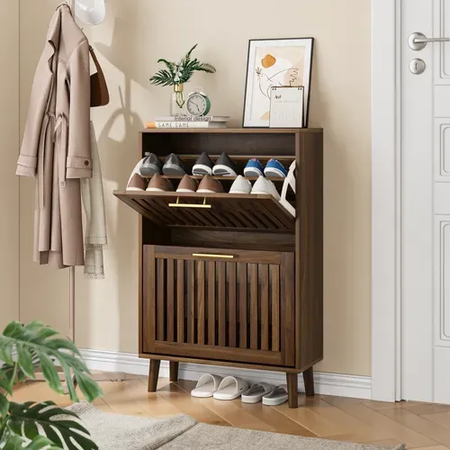 Meuble à Chaussures 60 Cm Coloris Bois Noyer Avec 2 Abattants Et Étagères, Rangement Entrée