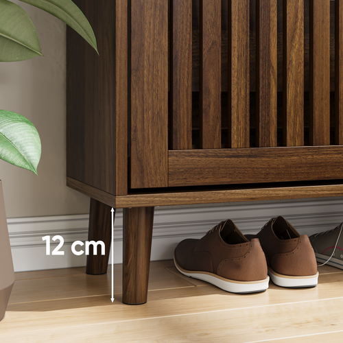 Meuble à Chaussures 60 Cm Coloris Bois Noyer Avec 2 Abattants Et Étagères, Rangement Entrée