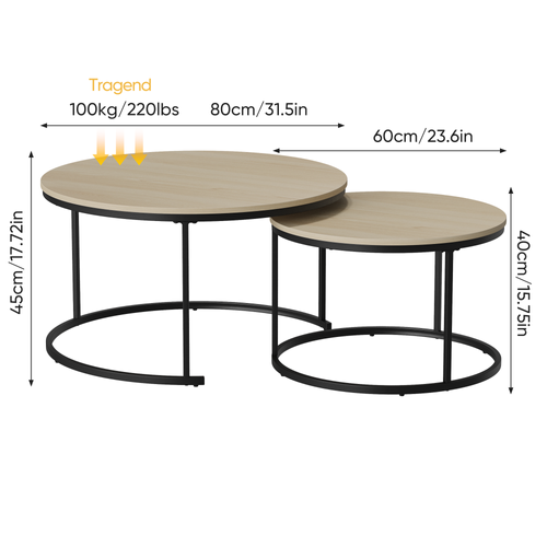 Set De 2 Tables Basses Gigognes Rondes 80/60 Cm Coloris Chêne Et Métal Noir, Pour Salon Et Chambre