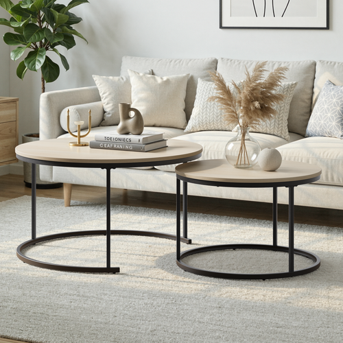 Set De 2 Tables Basses Gigognes Rondes 80/60 Cm Coloris Chêne Et Métal Noir, Pour Salon Et Chambre