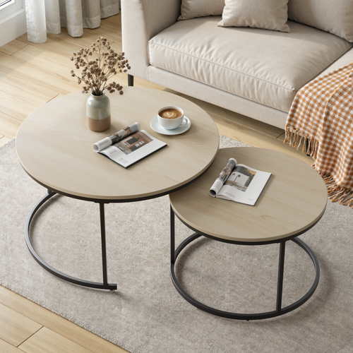 Set De 2 Tables Basses Gigognes Rondes 80/60 Cm Coloris Chêne Et Métal Noir, Pour Salon Et Chambre