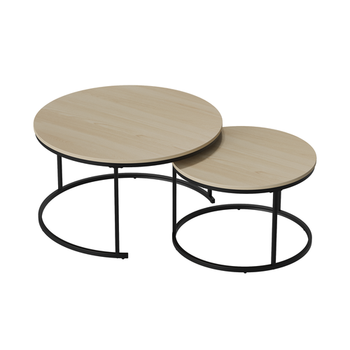 Set De 2 Tables Basses Gigognes Rondes 80/60 Cm Coloris Chêne Et Métal Noir, Pour Salon Et Chambre