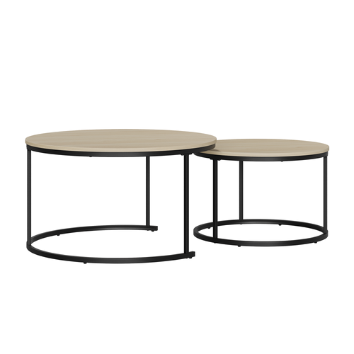 Set De 2 Tables Basses Gigognes Rondes 80/60 Cm Coloris Chêne Et Métal Noir, Pour Salon Et Chambre