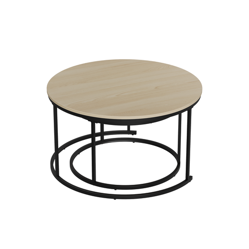 Set De 2 Tables Basses Gigognes Rondes 80/60 Cm Coloris Chêne Et Métal Noir, Pour Salon Et Chambre