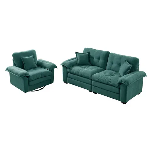 Ensemble Canapé 2 Pièces En Tissu Chenille Vert : Fauteuil Et Canapé 2 Places
