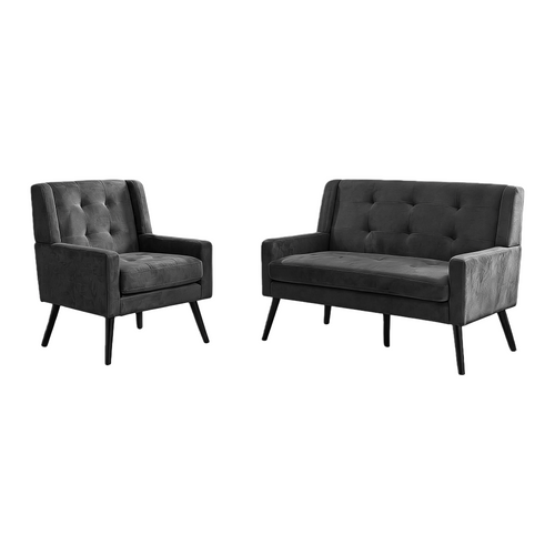 Set De 2 Banquette 2 Places Et Fauteuils En Lin Gris Foncé, Mousse Haute Densité, Pieds En Bois