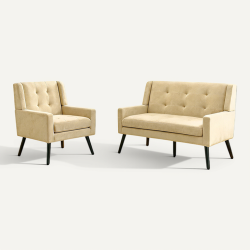 Set De 2 Banquette 2 Places Et Fauteuils En Lin Beige, Mousse Haute Densité, Pieds En Bois