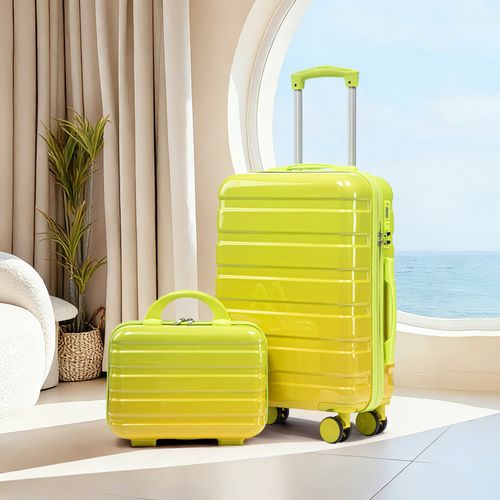 Set Valise Rigide 20'' Et Trousse Cosmétique 14'' En PC Vert Avec Serrure À Code