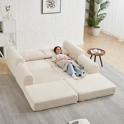 Canapé Convertible D'angle 2 Places En Velours Côtelé Beige Avec Poufs Amovible