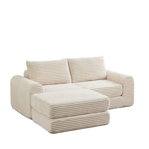Canapé Convertible D'angle 2 Places En Velours Côtelé Beige Avec Poufs Amovible
