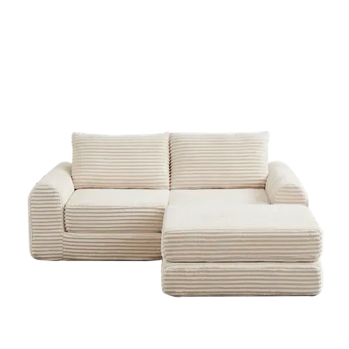Canapé Convertible D'angle 2 Places En Velours Côtelé Beige Avec Poufs Amovible