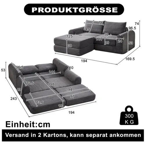 Canapé Convertible D'angle 2 Places En Velours Côtelé Gris Avec Poufs Amovible