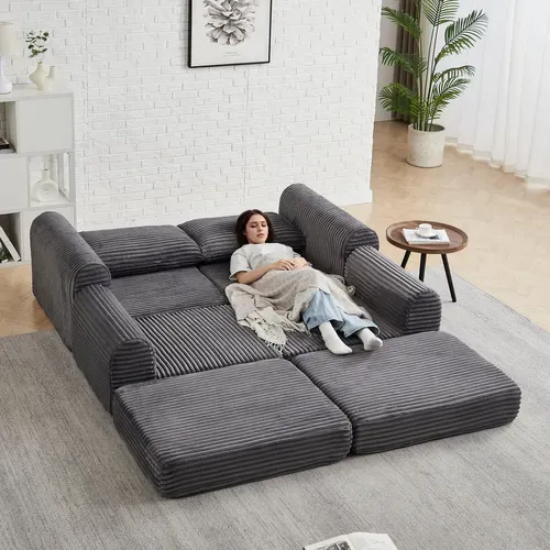 Canapé Convertible D'angle 2 Places En Velours Côtelé Gris Avec Poufs Amovible