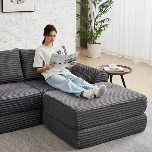 Canapé Convertible D'angle 2 Places En Velours Côtelé Gris Avec Poufs Amovible