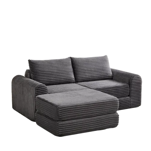 Canapé Convertible D'angle 2 Places En Velours Côtelé Gris Avec Poufs Amovible