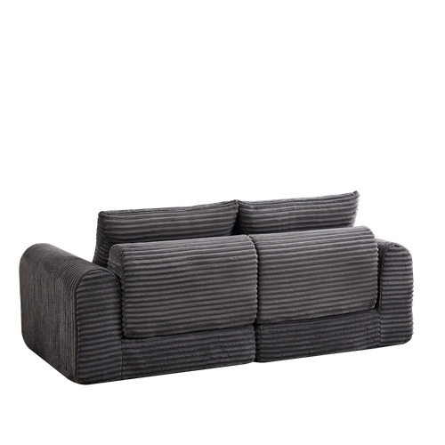 Canapé Convertible D'angle 2 Places En Velours Côtelé Gris Avec Poufs Amovible