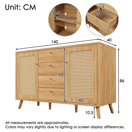 Buffet Bois Chêne Clair Avec 4 Tiroirs Et 2 Portes 140x40x86 Cm, Salon Et Entrée