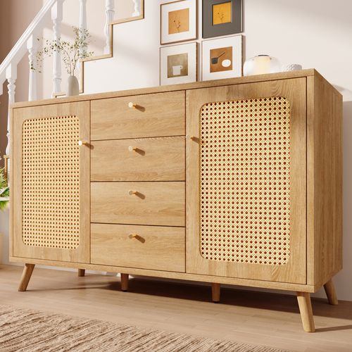 Buffet Bois Chêne Clair Avec 4 Tiroirs Et 2 Portes 140x40x86 Cm, Salon Et Entrée