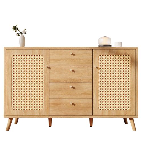 Buffet Bois Chêne Clair Avec 4 Tiroirs Et 2 Portes 140x40x86 Cm, Salon Et Entrée