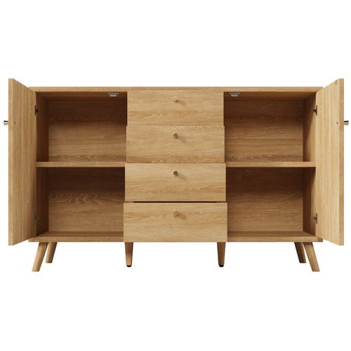 Buffet Bois Chêne Clair Avec 4 Tiroirs Et 2 Portes 140x40x86 Cm, Salon Et Entrée