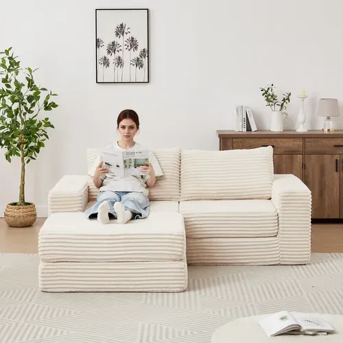 Canapé D'angle Convertible 2 Places Modulable En Velours Côtelé Beige Avec Poufs Amovible