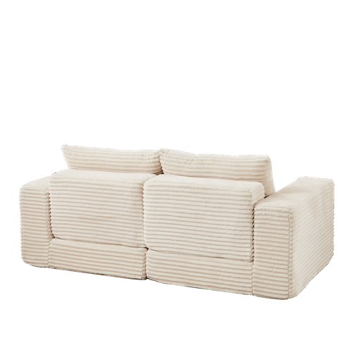 Canapé D'angle Convertible 2 Places Modulable En Velours Côtelé Beige Avec Poufs Amovible
