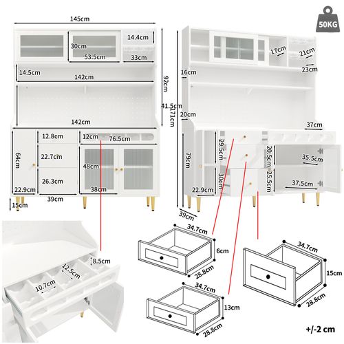 Buffet De Cuisine Blanc Haute Avec LED, Portes En Verre, Rangements Et Casier à Vin
