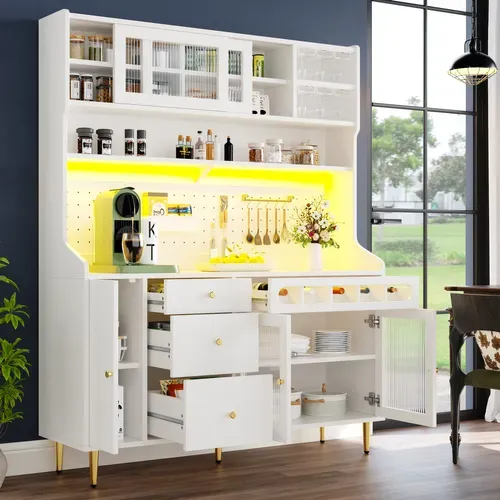 Buffet De Cuisine Blanc Haute Avec LED, Portes En Verre, Rangements Et Casier à Vin