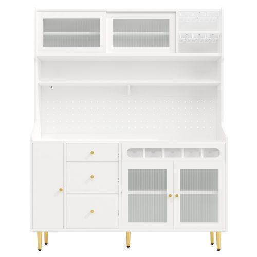 Buffet De Cuisine Blanc Haute Avec LED, Portes En Verre, Rangements Et Casier à Vin