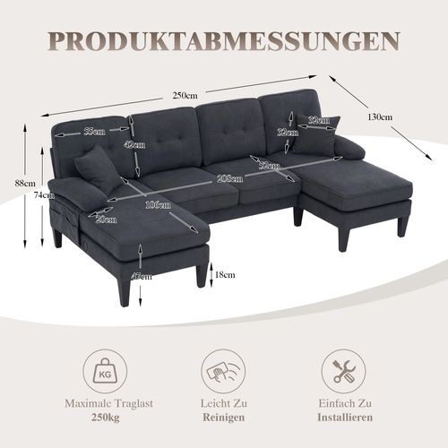 Canapé D’angle U 4 Places Avec 2 Méridiennes En Lin Gris Foncé Avec Ports USB/type-c