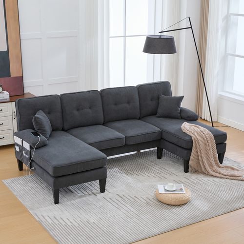 Canapé D’angle U 4 Places Avec 2 Méridiennes En Lin Gris Foncé Avec Ports USB/type-c