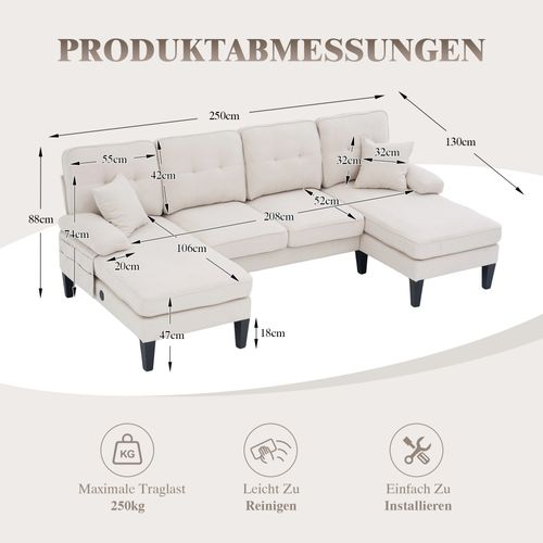 Canapé D’angle U 4 Places Avec 2 Méridiennes En Lin Beige Avec Ports USB/type-c