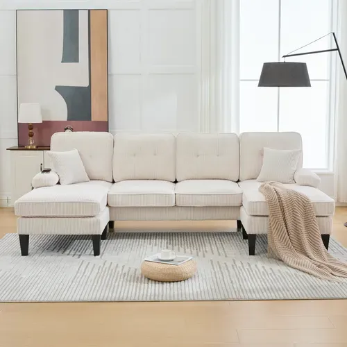Canapé D’angle U 4 Places Avec 2 Méridiennes En Lin Beige Avec Ports USB/type-c