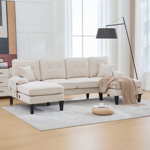 Canapé D’angle U 4 Places Avec 2 Méridiennes En Lin Beige Avec Ports USB/type-c
