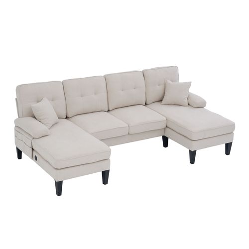 Canapé D’angle U 4 Places Avec 2 Méridiennes En Lin Beige Avec Ports USB/type-c