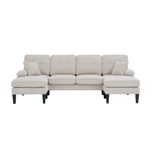 Canapé D’angle U 4 Places Avec 2 Méridiennes En Lin Beige Avec Ports USB/type-c
