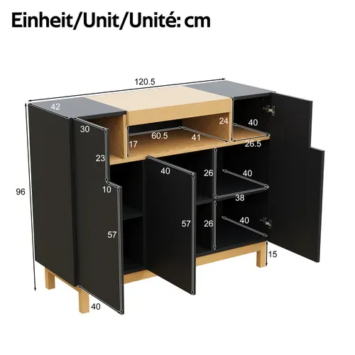 Buffet 120,5x42x96 Cm Noir Avec Niche Ouverte, 3 Portes, Salon/entrée