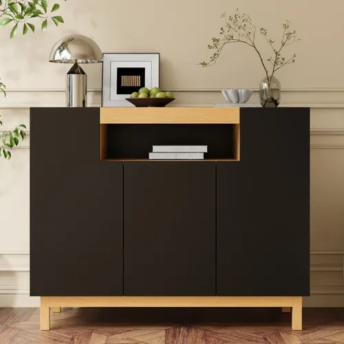 Buffet 120,5x42x96 Cm Noir Avec Niche Ouverte, 3 Portes, Salon/entrée