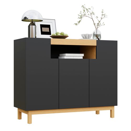 Buffet 120,5x42x96 Cm Noir Avec Niche Ouverte, 3 Portes, Salon/entrée
