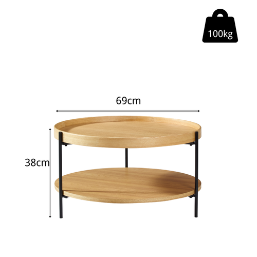 Table Basse Rond, Bout De Canapé 2 Niveaux 69 Cm, Bois Naturel Et Métal Noir, Salon