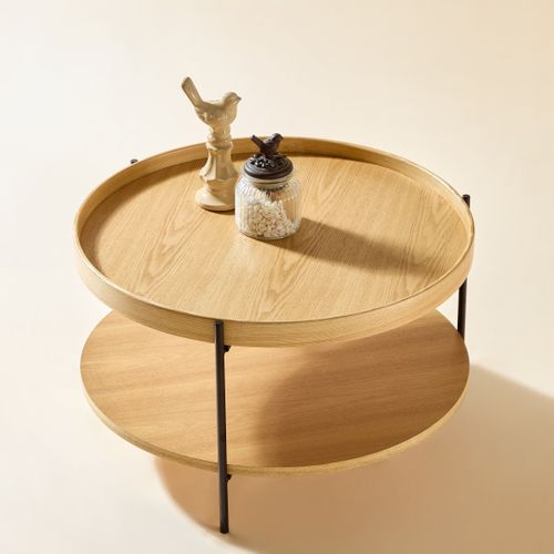 Table Basse Rond, Bout De Canapé 2 Niveaux 69 Cm, Bois Naturel Et Métal Noir, Salon