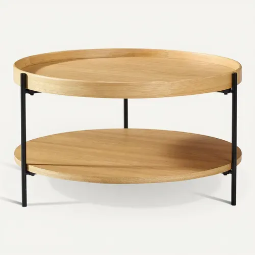 Table Basse Rond, Bout De Canapé 2 Niveaux 69 Cm, Bois Naturel Et Métal Noir, Salon