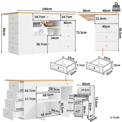Îlot De Cuisine 140x40(70)x89 Cm Bois Blanc, 6 Tiroirs Et Tabouret à Roulettes, Étagères Ouvertes