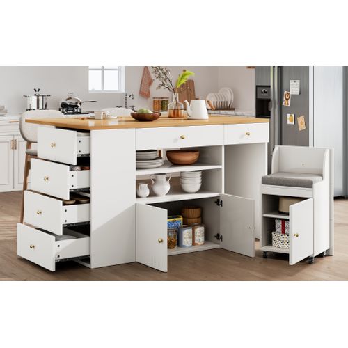 Îlot De Cuisine 140x40(70)x89 Cm Bois Blanc, 6 Tiroirs Et Tabouret à Roulettes, Étagères Ouvertes